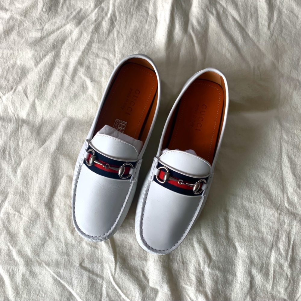 NIB Authentic Gucci Unisex Leather Moccasin Driver Loafers w/ Web details